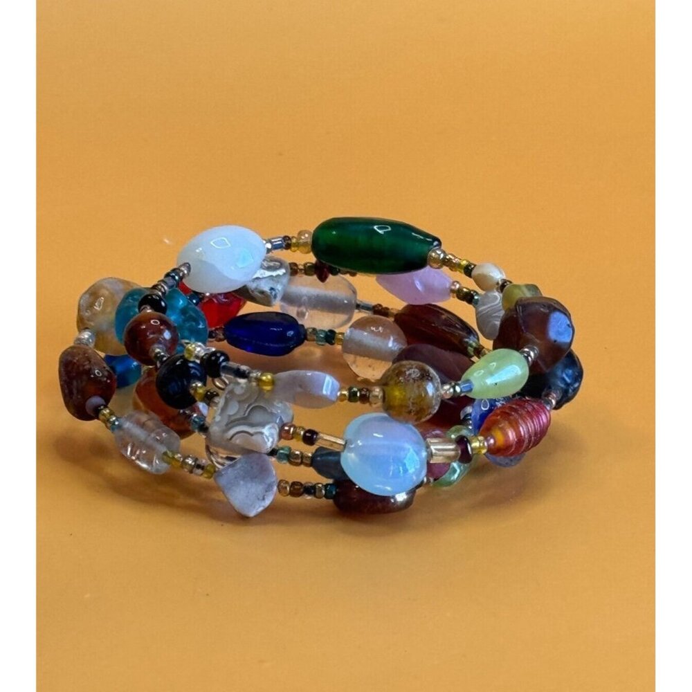 Vintage Art Glass & Gemstone Multi-Color Wrap Bracelet Boho Style - Picture 5 of 10